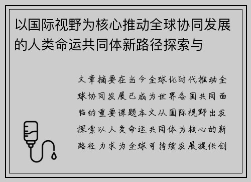 以国际视野为核心推动全球协同发展的人类命运共同体新路径探索与